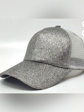 Messy NWT High Bun Ponytail Adjustable silver Glitter Mesh Trucker baseball cap